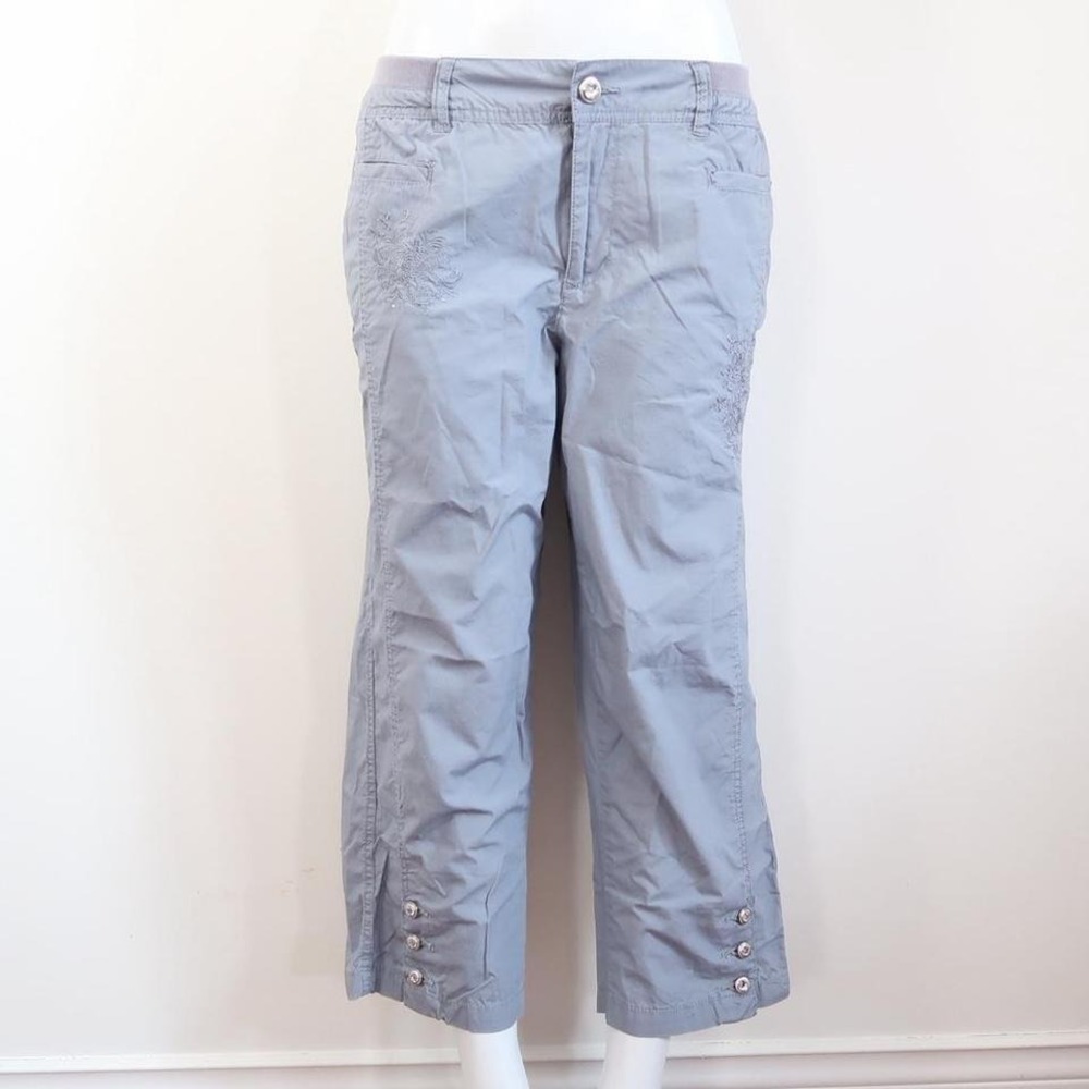 blue grey capri pants elastic waist snap hem y2k size 10